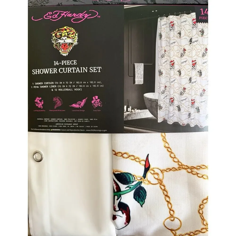 Ed Hardy Bathroom Shower Curtain Set Black Skull & Heart Tattoo Print Artwork
